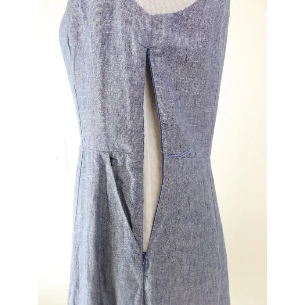 Tahari Size 4 Linen Sleeveless Shirt Dress Collared Embroidered Blue - Picture 10 of 12